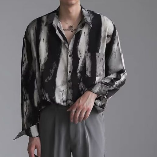 Mens Relaxed Edgy Shirt With A Water-wave Texture And A Flowing Drape