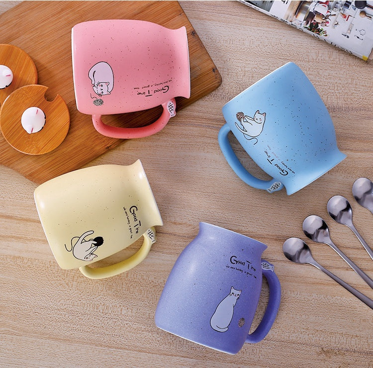 Ceramic Cat Coffee or Tea Mug with Lid and Spoon
