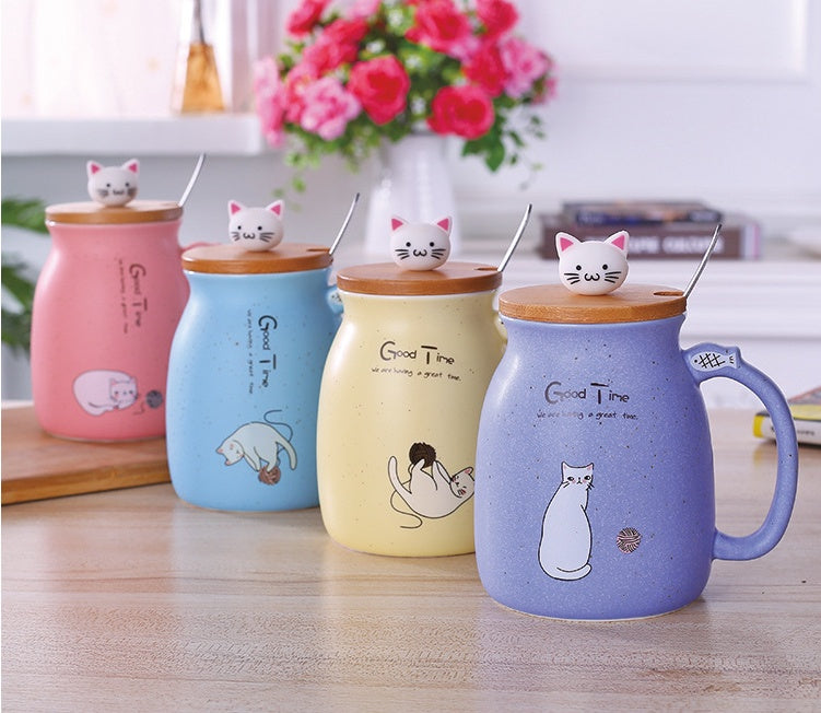 Ceramic Cat Coffee or Tea Mug with Lid and Spoon