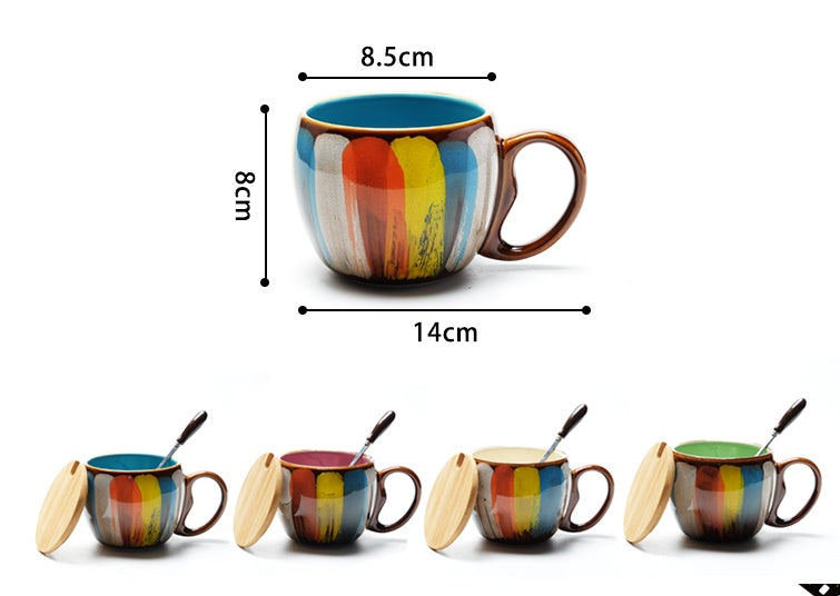 Cheerful ceramic coffee cup with lid and spoon