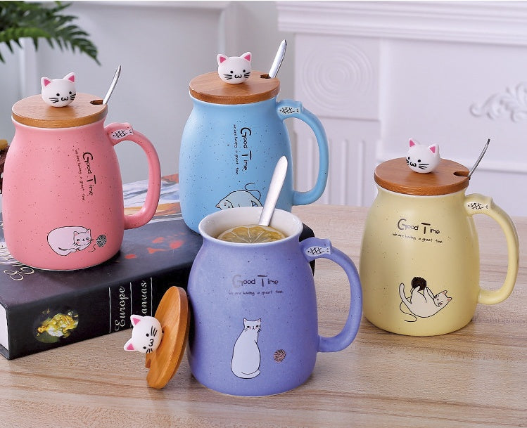 Ceramic Cat Coffee or Tea Mug with Lid and Spoon