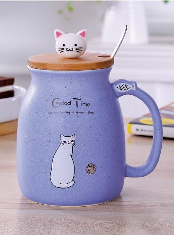 Ceramic Cat Coffee or Tea Mug with Lid and Spoon