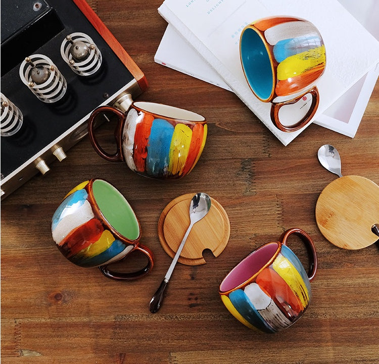 Cheerful ceramic coffee cup with lid and spoon