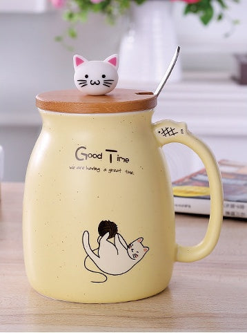 Ceramic Cat Coffee or Tea Mug with Lid and Spoon