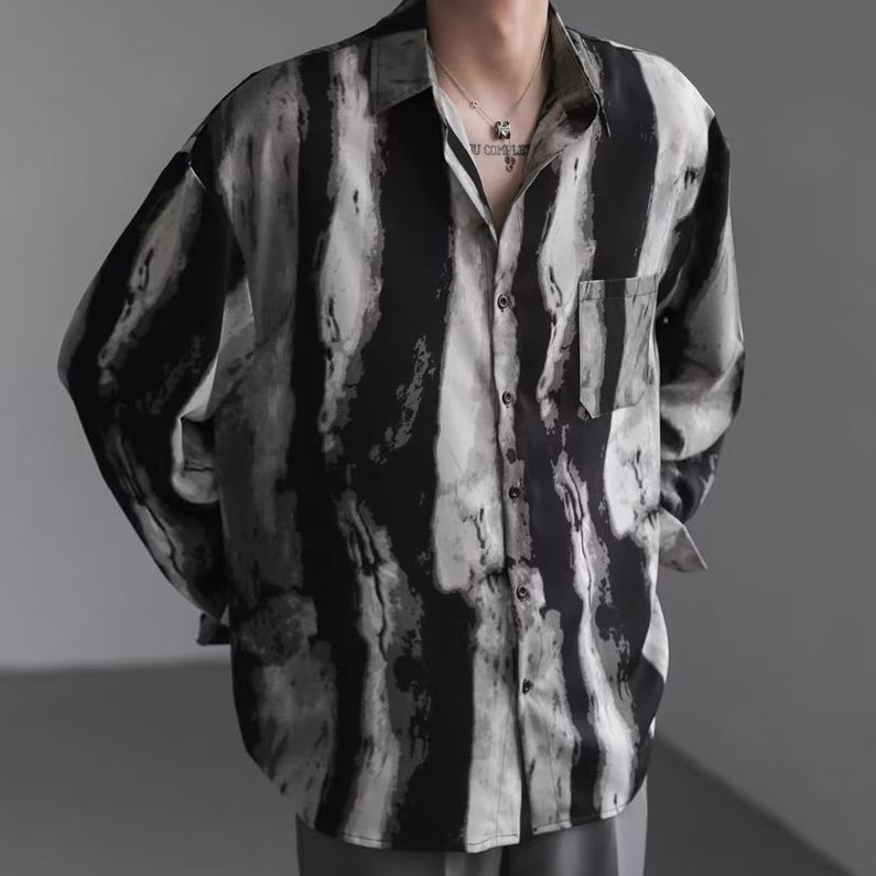 Mens Relaxed Edgy Shirt With A Water-wave Texture And A Flowing Drape