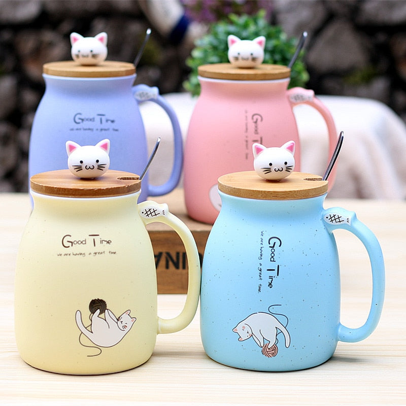 Ceramic Cat Coffee or Tea Mug with Lid and Spoon