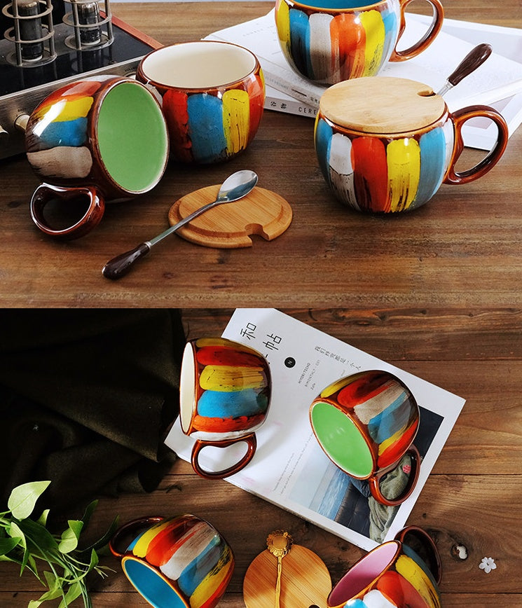 Cheerful ceramic coffee cup with lid and spoon
