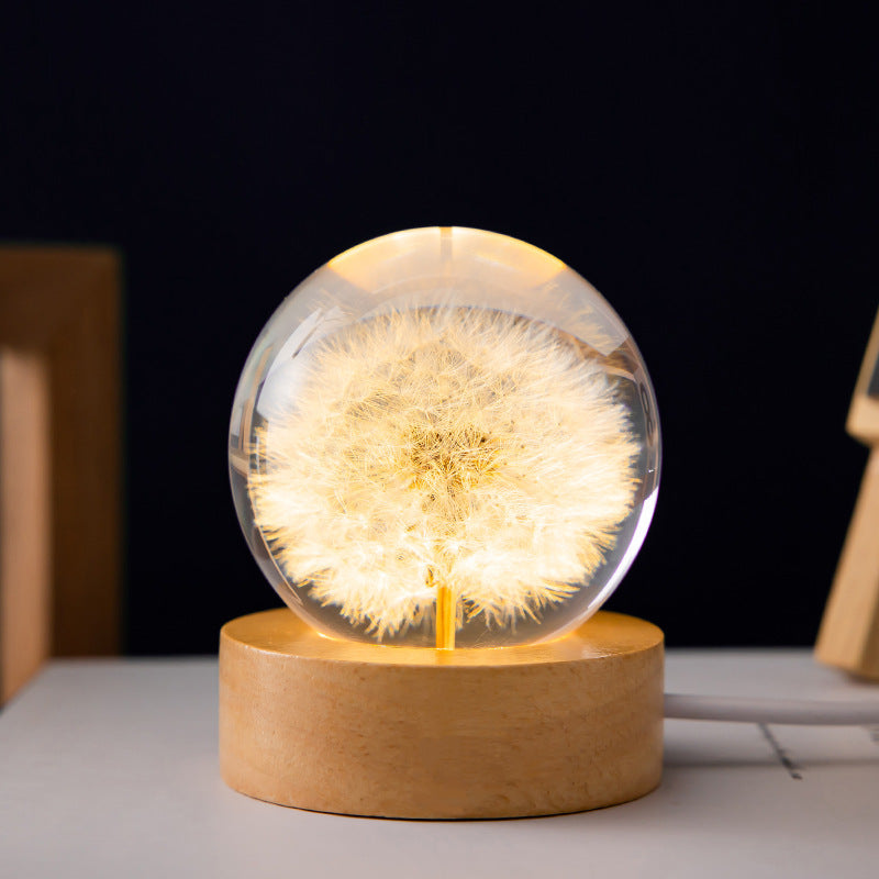 Luminous 3D Dandelion Crystal Ball  with Beech Wood Stand Base
