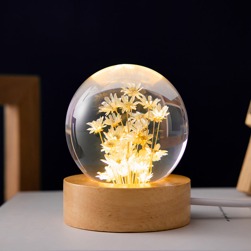 Luminous 3D Dandelion Crystal Ball  with Beech Wood Stand Base