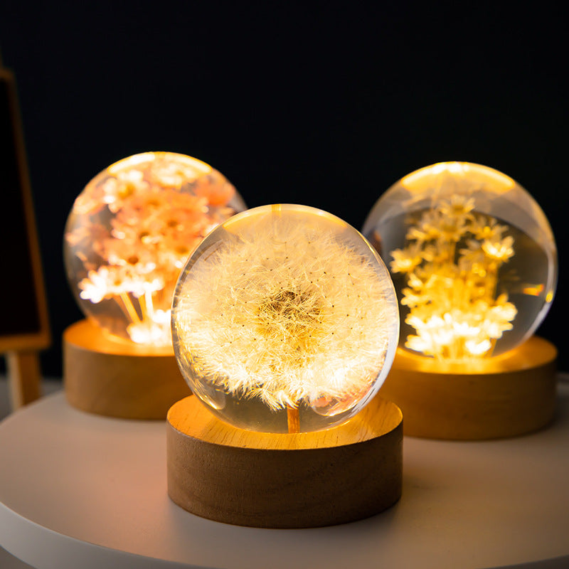 Luminous 3D Dandelion Crystal Ball  with Beech Wood Stand Base