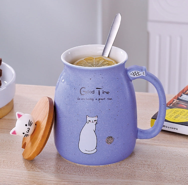 Ceramic Cat Coffee or Tea Mug with Lid and Spoon