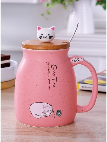 Ceramic Cat Coffee or Tea Mug with Lid and Spoon