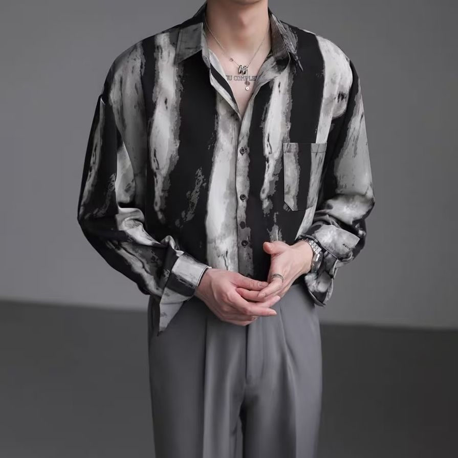 Mens Relaxed Edgy Shirt With A Water-wave Texture And A Flowing Drape