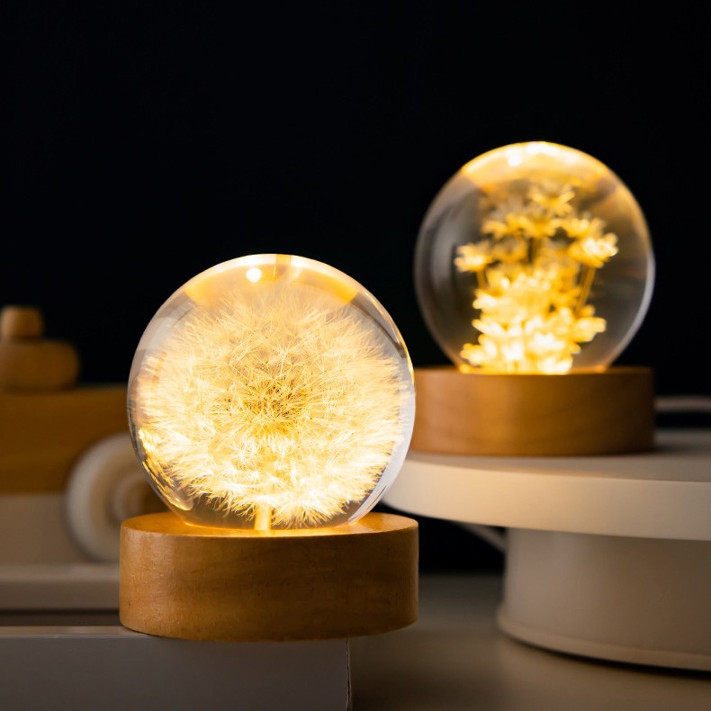 Luminous 3D Dandelion Crystal Ball  with Beech Wood Stand Base